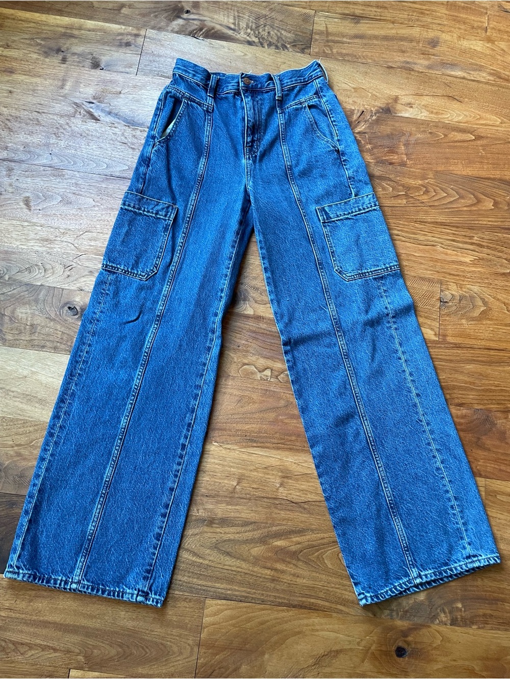 Madewell Baggy Straight Cargo High-Rise Wide Leg Patch Jeans size 27 NN489 - Picture 3 of 14